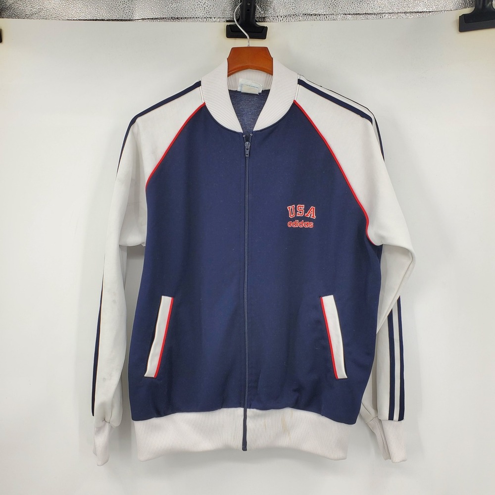 Vintage 80s Adidas USA Track Jacket Navy White Red Trefoil Taiwan Large Olympics